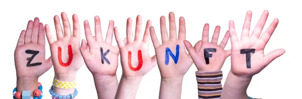 カラフルなドイツ語の単語を構築する子供の手 ズックンフトは未来を意味します 隔離された白の背景 — ストック写真