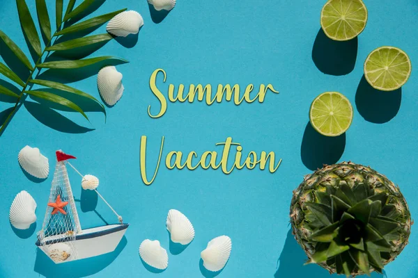 Flat Lay English Text Summer Vacation Turquoise Blue Background Wit — Stock Photo, Image