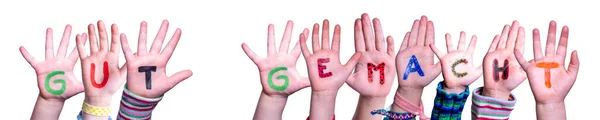 Παιδιά Χέρια Οικοδόμηση Πολύχρωμο Γερμανική Λέξη Gut Gemacht Σημαίνει Καλά — Φωτογραφία Αρχείου