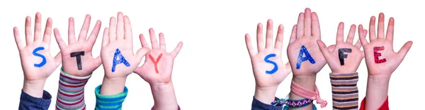 Dzieci Hands Building Kolorowe Angielskie Słowo Bądź Bezpieczny Białe Izolowane — Zdjęcie stockowe
