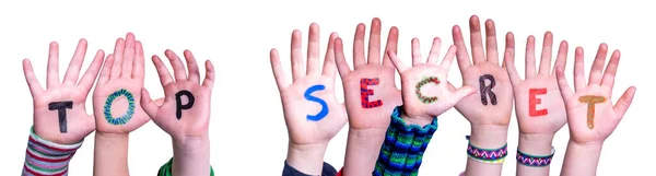 Kinderen Handen Bouwen Kleurrijk Engels Woord Top Secret Geïsoleerde Witte — Stockfoto