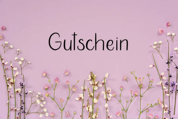 Beyaz Mor Bahar Çiçeği Düzenlemesi Alman Metin Gutschein Makbuz Anlamı — Stok fotoğraf