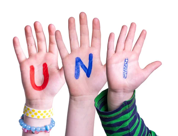 Children Hands Building Colorful German Word Uni Means University Isolé — Photo
