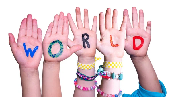 Children Hands Building Colorful English Word World Isolé Fond Blanc — Photo