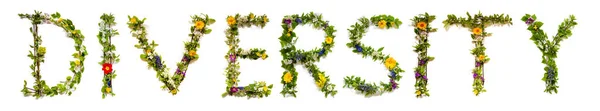 Färgglada Blommor Bygga Engelska Text Mångfald Några Gröna Och Några — Stockfoto