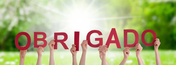 Menschen Oder Personen Hände Die Portugiesisches Wort Obrigado Bauen Bedeutet — Stockfoto