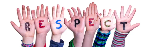 Çocuk Elleri Renkli Ngilizce Kelime Saygısı Yapıyor Zole Beyaz Arkaplan — Stok fotoğraf