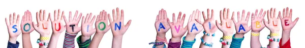 Παιδιά Χέρια Οικοδόμηση Πολύχρωμο Αγγλική Λύση Λέξη Διαθέσιμη Λευκό Απομονωμένο — Φωτογραφία Αρχείου