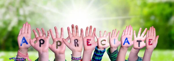 Children Hands Building Colorful Russian Word Appreciate Солнечный Зеленый Грасс — стоковое фото