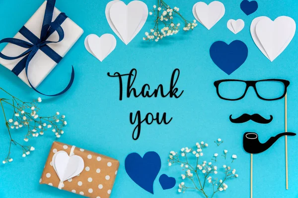 Lapos Lay Angol Szöveggel Köszönöm Kék Kiegészítők Mint Ajándékok Szívek — Stock Fotó