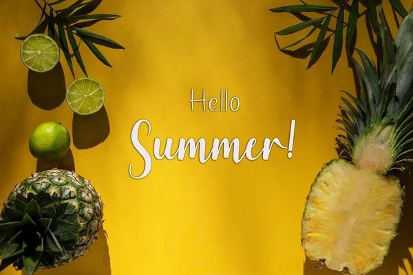 Yellow Flat Lay English Text Hello Summer Yellow Summer Background — Stock Photo, Image
