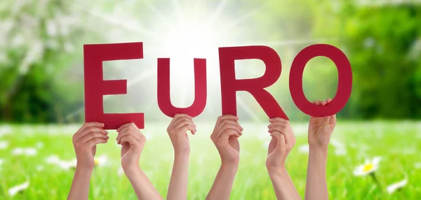 People Persons Hands Building English Word Euro Arkaplan Olarak Güneşli — Stok fotoğraf