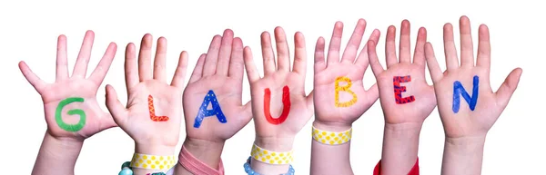 Dzieci Hands Building Kolorowe Niemieckie Słowo Glauben Oznacza Wierzyć Odizolowane — Zdjęcie stockowe