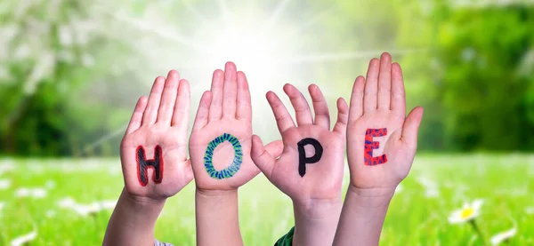 Çocuk Elleri Renkli Ngilizce Umut Ediyor Arkaplan Olarak Güneşli Yeşil — Stok fotoğraf