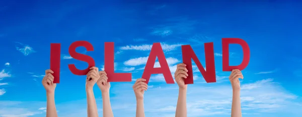 Pessoas Pessoas Mãos Construindo Ilha Das Palavras Alemã Significa Islândia — Fotografia de Stock