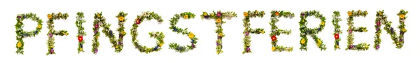 Färgglada Blommor Bygga Tyska Text Pfingstferien Medel Pingst Helgdagar Engelska — Stockfoto
