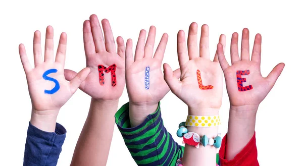 Çocuk Elleri Renkli Ngilizce Kelime Gülümsemesi Yapıyor Zole Beyaz Arkaplan — Stok fotoğraf