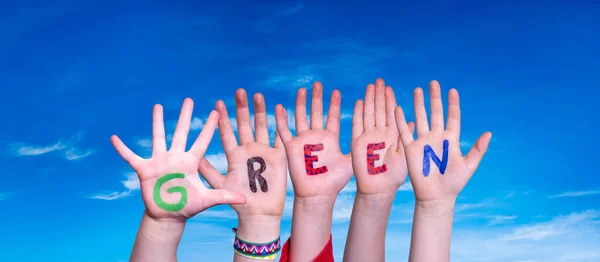 Children Hands Building Colorful English Word Green Blue Sky Background — Stock Photo, Image