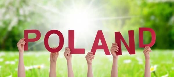 Люди Лица Создающие Английское Слово Польша Солнечный Зеленый Грасс Медоу — стоковое фото