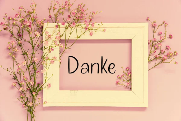 Vintage Fotorahmen Mit Ikebana Blumenarrangement Mit Deutschem Text Danke Bedeutet — Stockfoto