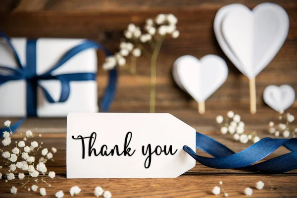 Этикетка Английским Словом Спасибо Белое Украшение Подарок Голубой Бочкой Сердцем — стоковое фото