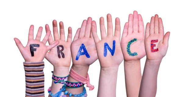 孩子们手握多彩的英语和法语单词 孤立的白种人背景 — 图库照片
