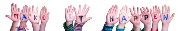 Παιδιά Χέρια Οικοδόμηση Πολύχρωμο Αγγλική Λέξη Κάνει Συμβεί Μεμονωμένο Λευκό — Φωτογραφία Αρχείου