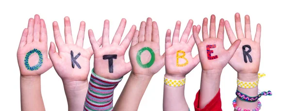 Bambini Hands Building Colorful German Word Ottobre Mezzi Ocotber Inglese — Foto Stock