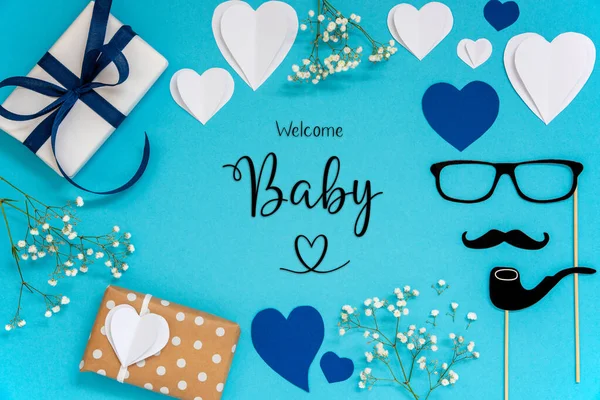 Flat Lay Med Engelsk Tekst Velkommen Baby Blå Tilbehør Ligesom - Stock-foto