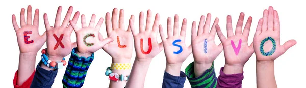 Children Hands Building Colorful Spanish Word Exclusivo Means Exclusive Isolated — Stock Photo, Image