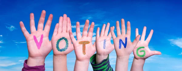 Children Hands Building Colorful Russian Word Voting Голубое Небо Фон — стоковое фото