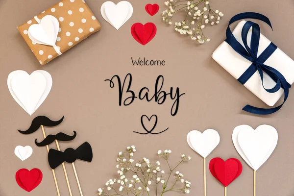 Flat Lay Com Texto Inglês Welcome Baby Acessórios Coloridos Como — Fotografia de Stock