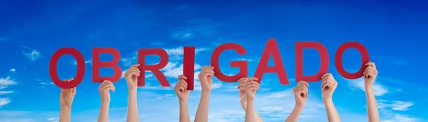 People Persons Hands Building Portuguese Word Obrigado Means Thank You — Stock Photo, Image