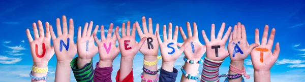 Children Hands Building Colorful German Word Universitaet Means University Blue — Stock Photo, Image