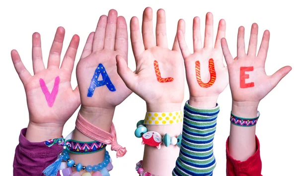 Dzieci Hands Building Kolorowe Angielskie Słowo Wartość Białe Izolowane Tło — Zdjęcie stockowe