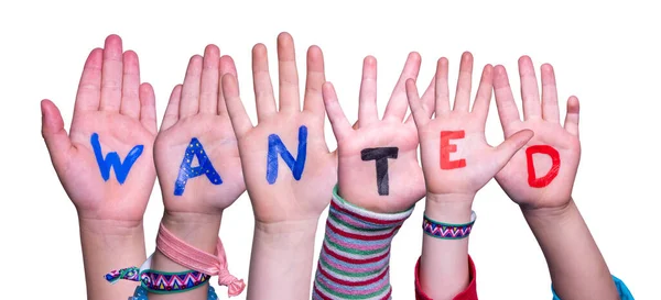 Children Hands Building Colorful English Word Wanted Fundo Branco Isolado — Fotografia de Stock