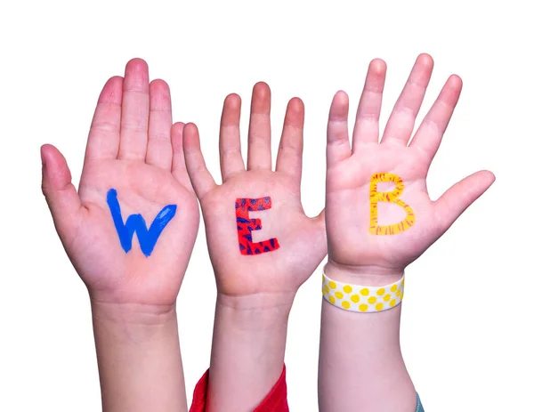 Children Hands Building Colorido Inglês Word Web Fundo Isolado Branco — Fotografia de Stock