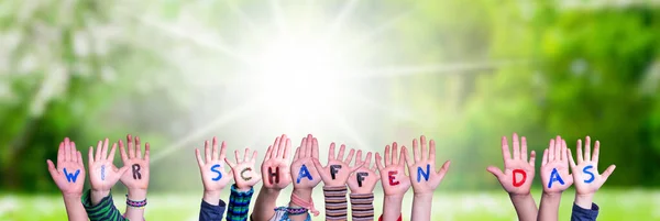 Children Hands Building Colorful German Word Wir Schaffen Das Means — Stock Photo, Image