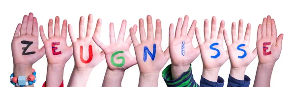Children Hands Building Colorful German Word Zeugnisse Means School Reports. Isolated White Background.