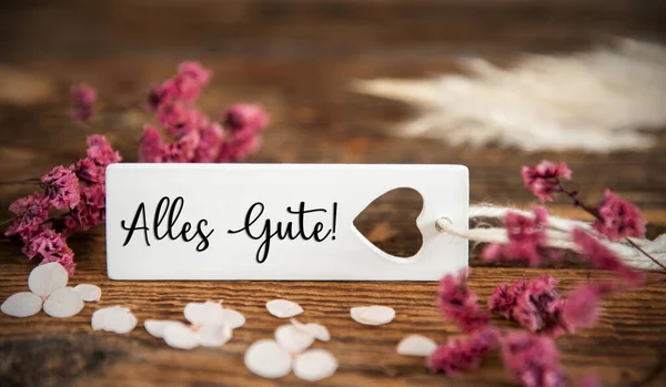 Natural Background Purple Blossoms Label German Word Alles Gute Whish — Stock Photo, Image