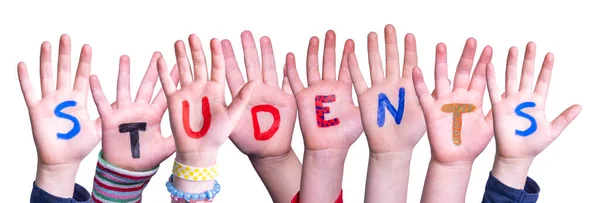 Παιδιά Χέρια Οικοδόμηση Πολύχρωμο Μαθητές Αγγλική Λέξη Μεμονωμένο Λευκό Φόντο — Φωτογραφία Αρχείου