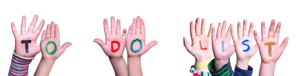 Παιδιά Χέρια Οικοδόμηση Πολύχρωμο Αγγλική Λέξη Για Κάνει Λίστα Μεμονωμένο — Φωτογραφία Αρχείου