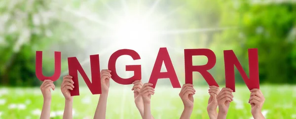 People Persons Hands Building German Word Ungarn Signifie Hongrie Herbe — Photo