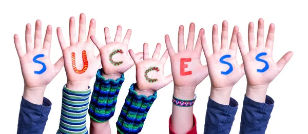 Kinderen Handen Bouwen Kleurrijk Engels Woord Succes Geïsoleerde Witte Achtergrond — Stockfoto