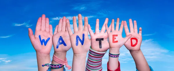 Children Hands Building Colorful English Word Wanted Céu Azul Como — Fotografia de Stock