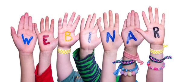 Παιδιά Χέρια Οικοδόμηση Πολύχρωμο Αγγλική Λέξη Webinar Λευκό Απομονωμένο Φόντο — Φωτογραφία Αρχείου