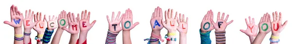 Παιδιά Χέρια Οικοδόμηση Πολύχρωμο Αγγλική Λέξη Καλώς Ήρθατε Όλους Σας — Φωτογραφία Αρχείου