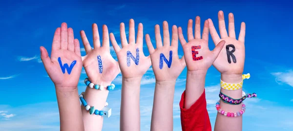 Children Hands Building Colorful English Word Winner Blue Sky Background — Stock Photo, Image