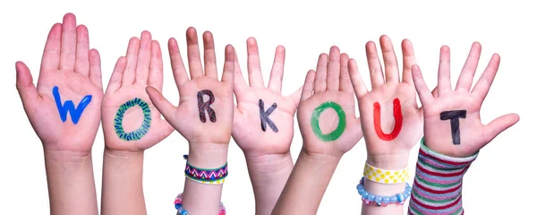 Crianças Mãos Construindo Colorido Inglês Word Workout Fundo Isolado Branco — Fotografia de Stock