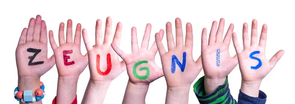 Children Hands Building Colorful German Word Zeugnis Oznacza Raport Szkolny — Zdjęcie stockowe